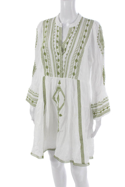 Hale Bob Women Mini V-Neck Geometric Cotton Dress White Long Sleeve Size L