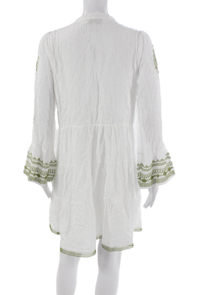 Hale Bob Women Mini V-Neck Geometric Cotton Dress White Long Sleeve Size L