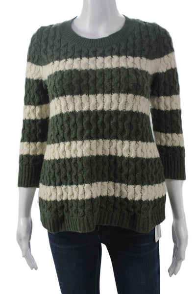 J Crew Women Merino Wool Striped Crewneck Pullover 3/4 Sleeve Green Size XS