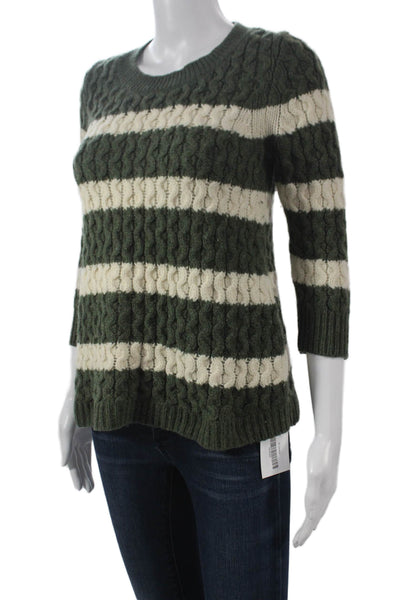 J Crew Women Merino Wool Striped Crewneck Pullover 3/4 Sleeve Green Size XS