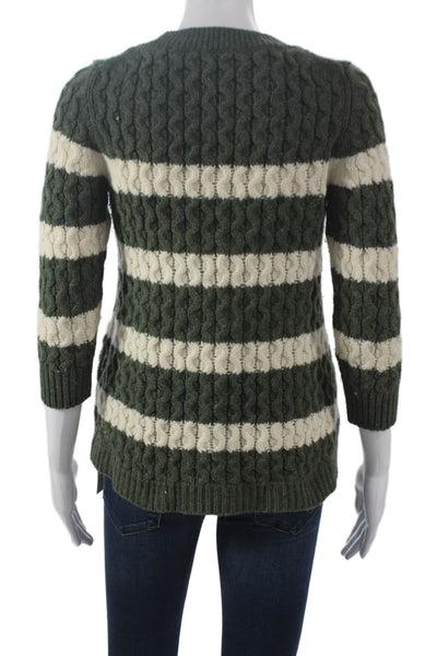 J Crew Women Merino Wool Striped Crewneck Pullover 3/4 Sleeve Green Size XS