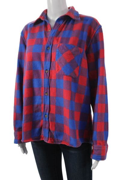 TNA Womens Plaid Collared Button Up Shirt Blue Cotton Long Sleeve Size XS