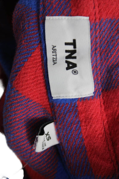TNA Womens Plaid Collared Button Up Shirt Blue Cotton Long Sleeve Size XS