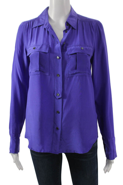 J Crew Women Basic Silk Collared Button-Up Long Sleeve Top Purple Size 0