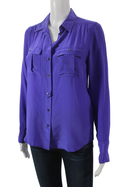 J Crew Women Basic Silk Collared Button-Up Long Sleeve Top Purple Size 0