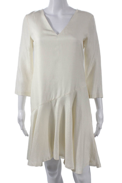 Club Monaco Womens Ivory Silk Checked V-Neck Shift Dress 3/4 Sleeve Size 00