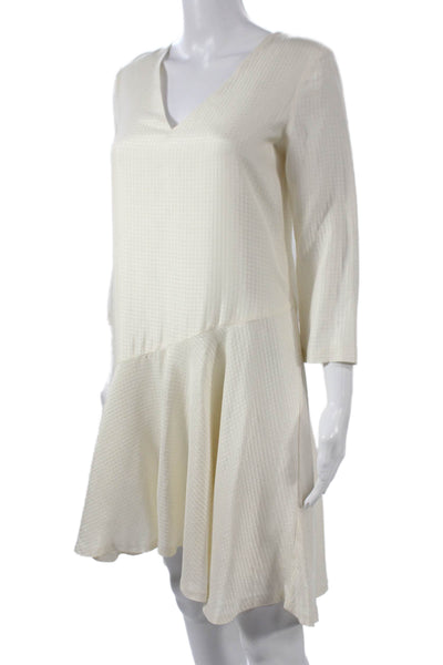 Club Monaco Womens Ivory Silk Checked V-Neck Shift Dress 3/4 Sleeve Size 00