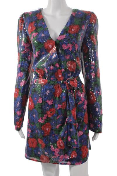 Wayf Womens Wrap Dress Multicolor Floral V Neck Long Sleeve Tie Waist Size L