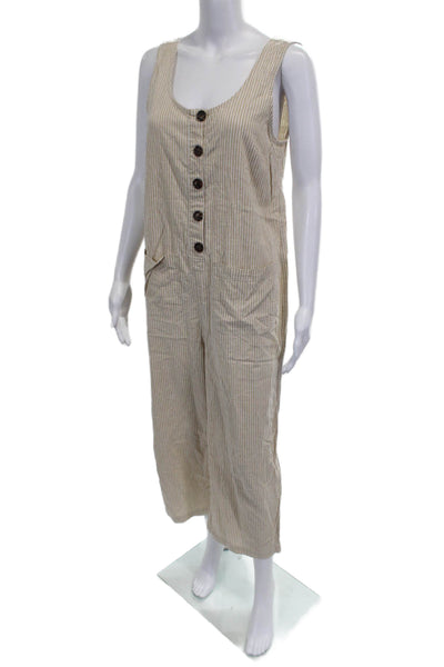 Marine Layer Womens Jumpsuit Beige Striped Hemp Scoop Neck Sleeveless Size S