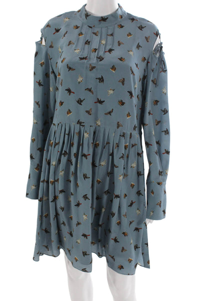 Unique Women Silk Butterfly Mini Dress Blue Mock Neck Long Sleeve Size 10