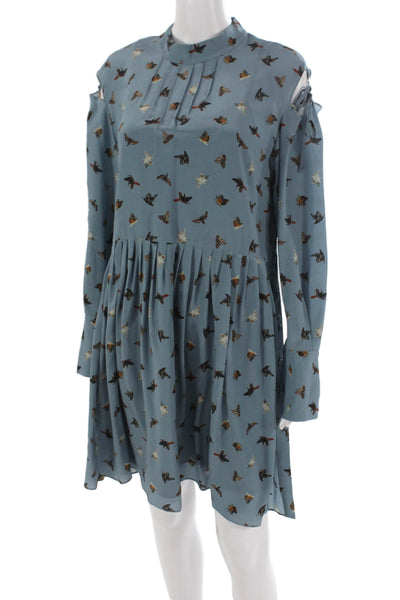Unique Women Silk Butterfly Mini Dress Blue Mock Neck Long Sleeve Size 10