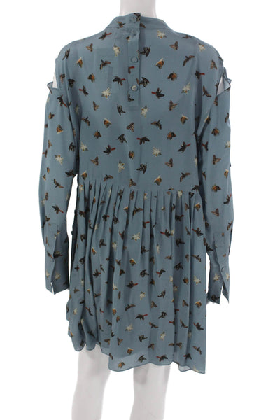 Unique Women Silk Butterfly Mini Dress Blue Mock Neck Long Sleeve Size 10