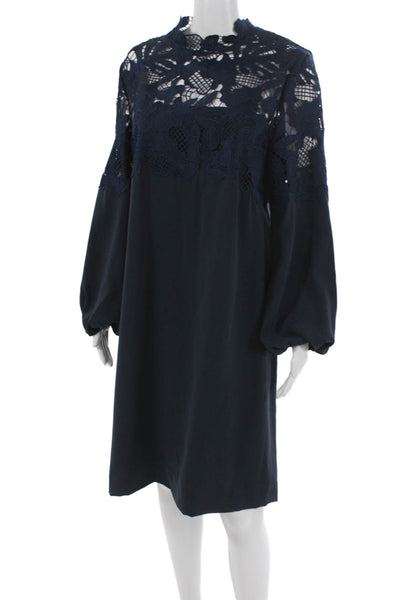 Unique Women Silk Butterfly Mini Dress Blue Mock Neck Long Sleeve Size 10