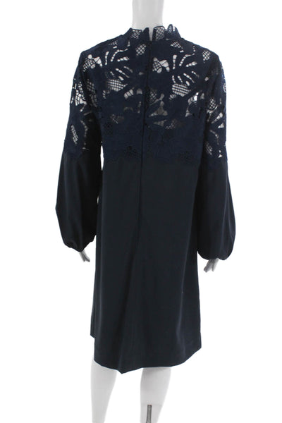 Unique Women Silk Butterfly Mini Dress Blue Mock Neck Long Sleeve Size 10