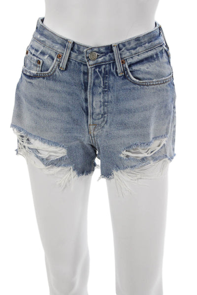 Grlfrnd Womens Cut-Off Cotton Shorts Blue Button Size 24