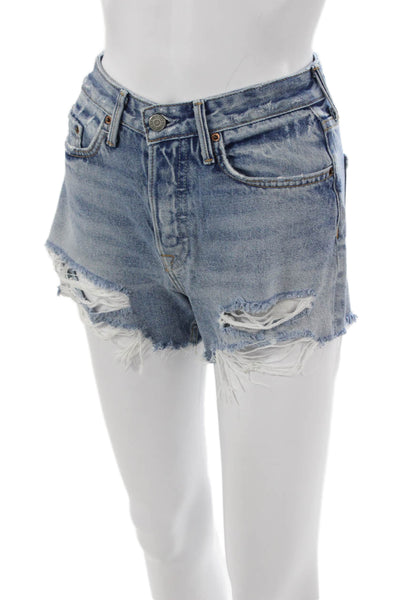 Grlfrnd Womens Cut-Off Cotton Shorts Blue Button Size 24