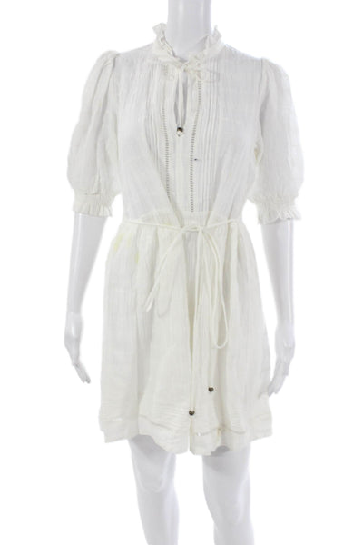 Kivari Women Mini Tie Waist Cotton Dress White Short Sleeve Size S
