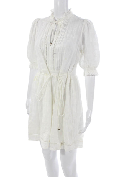 Kivari Women Mini Tie Waist Cotton Dress White Short Sleeve Size S