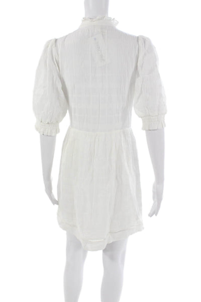 Kivari Women Mini Tie Waist Cotton Dress White Short Sleeve Size S