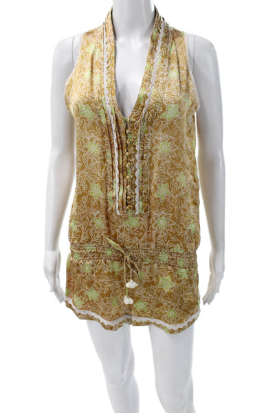 Poupette St Barth Women Romper Gold Silk Floral V-Neck Sleeveless Button Size 1