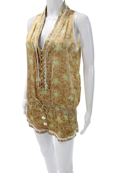 Poupette St Barth Women Romper Gold Silk Floral V-Neck Sleeveless Button Size 1