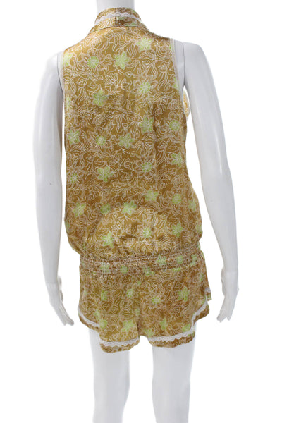 Poupette St Barth Women Romper Gold Silk Floral V-Neck Sleeveless Button Size 1