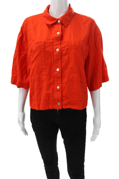 Marc New York Womens Collared Linen Blend Short Sleeve Solid Blouse Size M