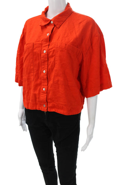 Marc New York Womens Collared Linen Blend Short Sleeve Solid Blouse Size M