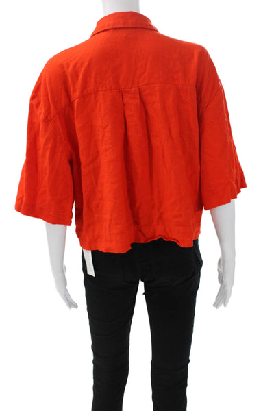 Marc New York Womens Collared Linen Blend Short Sleeve Solid Blouse Size M