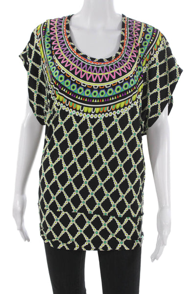 Trina Turk Women Black Graphic Poly Blend Blouse Short Sleeve Size XS