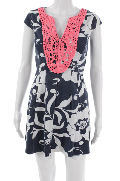 Lily Pulitzer Women Blue Floral V-Neck Short Sleeve Mini Dress Size XS