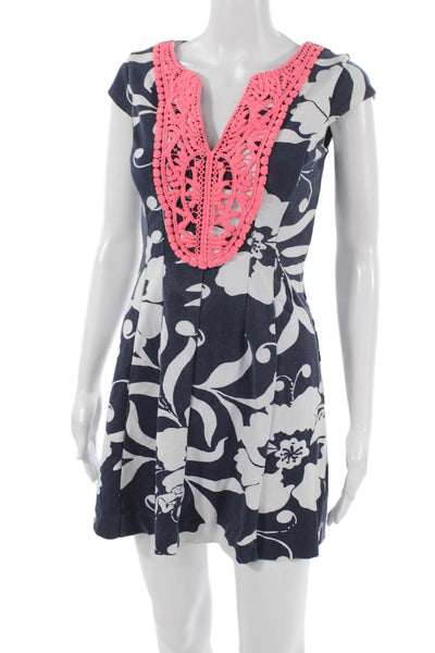 Lily Pulitzer Women Blue Floral V-Neck Short Sleeve Mini Dress Size XS