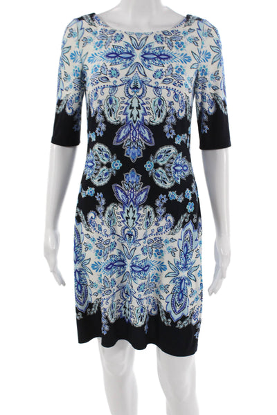 Eliza J Women Shift Dress Blue Floral Short Sleeve Polyester Blend Size 2