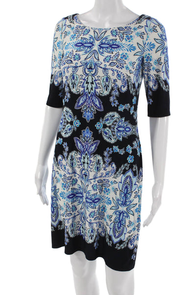 Eliza J Women Shift Dress Blue Floral Short Sleeve Polyester Blend Size 2