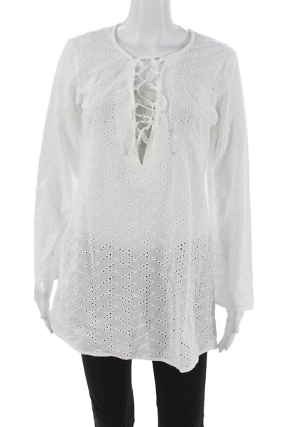 Aqua Womens White Cotton Chevron V-Neck Long Sleeve Blouse Cover Up Size S