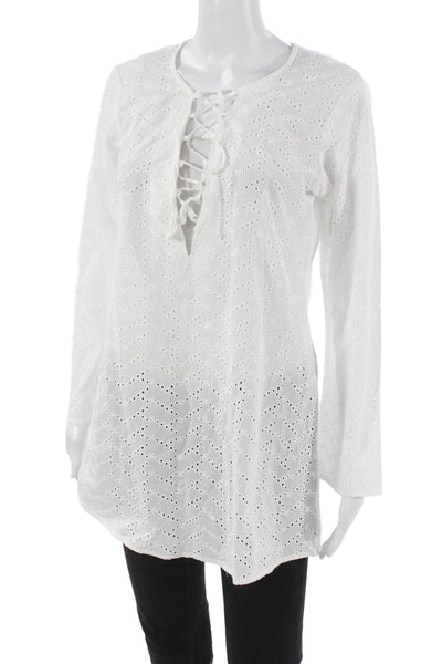 Aqua Womens White Cotton Chevron V-Neck Long Sleeve Blouse Cover Up Size S