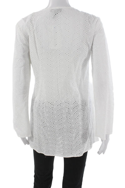 Aqua Womens White Cotton Chevron V-Neck Long Sleeve Blouse Cover Up Size S