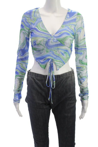 By Dyln Womens Cropped V-Neck Swirl Multicolor Blouse Long Sleeve Y2K Size S