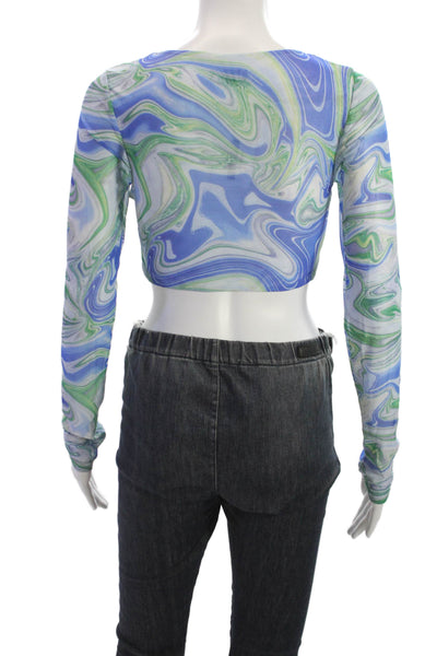 By Dyln Womens Cropped V-Neck Swirl Multicolor Blouse Long Sleeve Y2K Size S