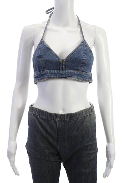 Grlfrnd Women Blue Cropped Tie Halter Tank Cotton Sleeveless Spring Size S