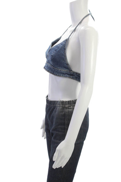 Grlfrnd Women Blue Cropped Tie Halter Tank Cotton Sleeveless Spring Size S