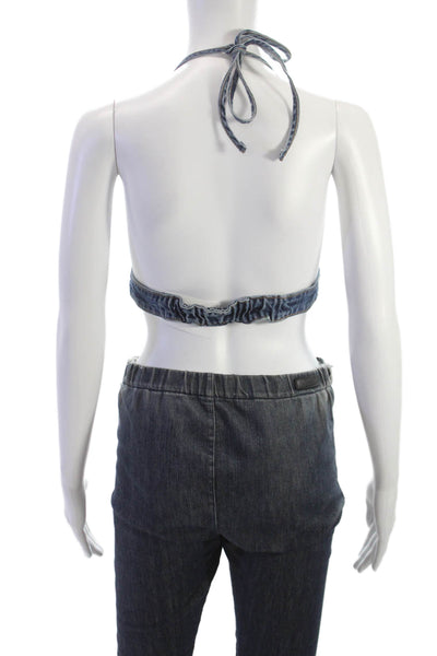 Grlfrnd Women Blue Cropped Tie Halter Tank Cotton Sleeveless Spring Size S