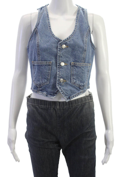 MNG Womens Blue Cotton V-Neck Button Sleeveless Vest Size S