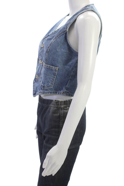 MNG Womens Blue Cotton V-Neck Button Sleeveless Vest Size S