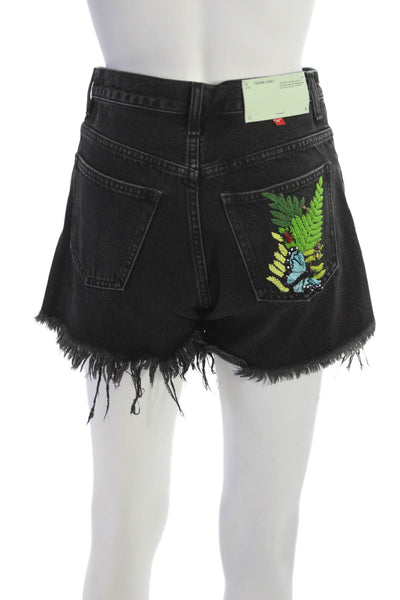 Off-White Womens Cut-Off Cotton Shorts Black Butterfly Size 24