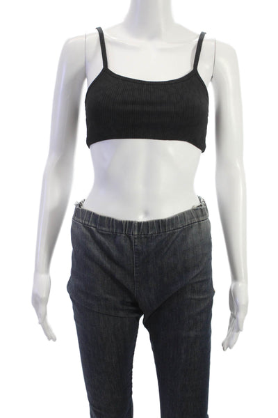Strut This Womens Spaghetti Strap Square Neck Ribbed Knit Sports Bra Black OS