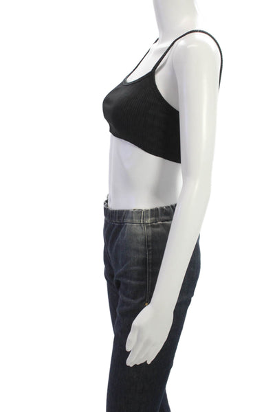 Strut This Womens Spaghetti Strap Square Neck Ribbed Knit Sports Bra Black OS