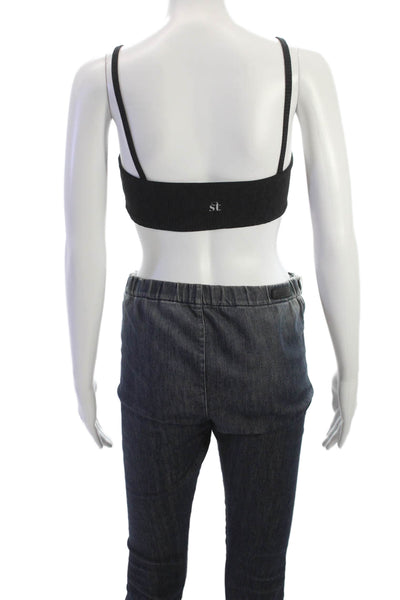 Strut This Womens Spaghetti Strap Square Neck Ribbed Knit Sports Bra Black OS