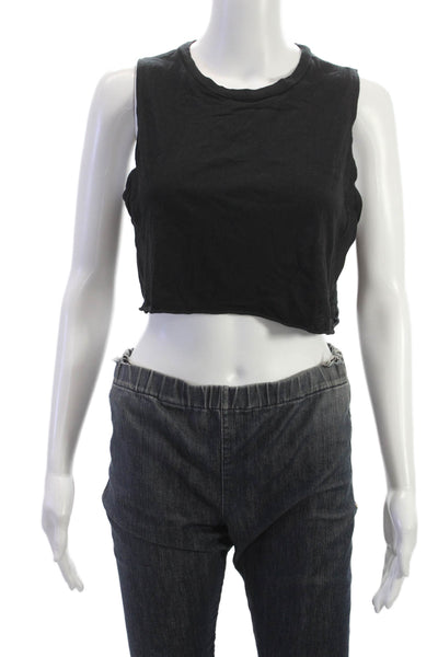 Eterne Womens Black Cotton Blend Solid Sleeveless Crop Top Size S