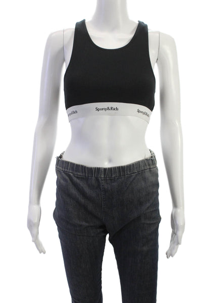 Sporty & Rich Womens Scoop Neck Ribbed Knit Logo Trim Sports Bra Black Small